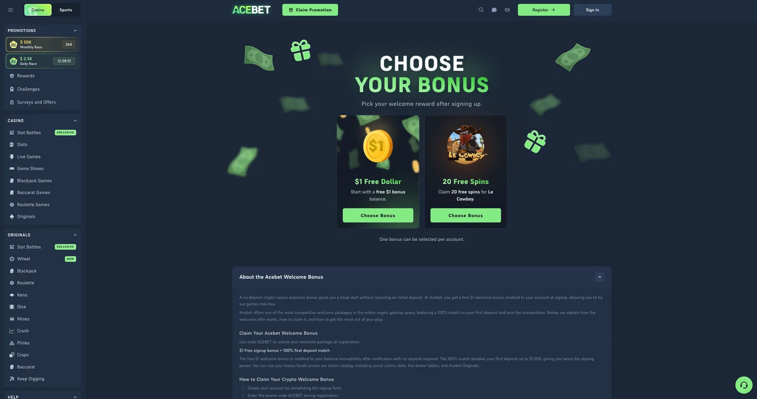 Screenshot of the Acebet website
