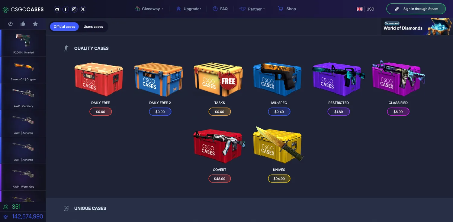 Screenshot of the CSGOCases website