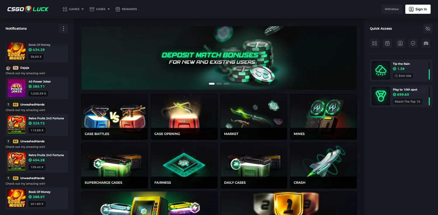 Screenshot of the CSGOLuck website