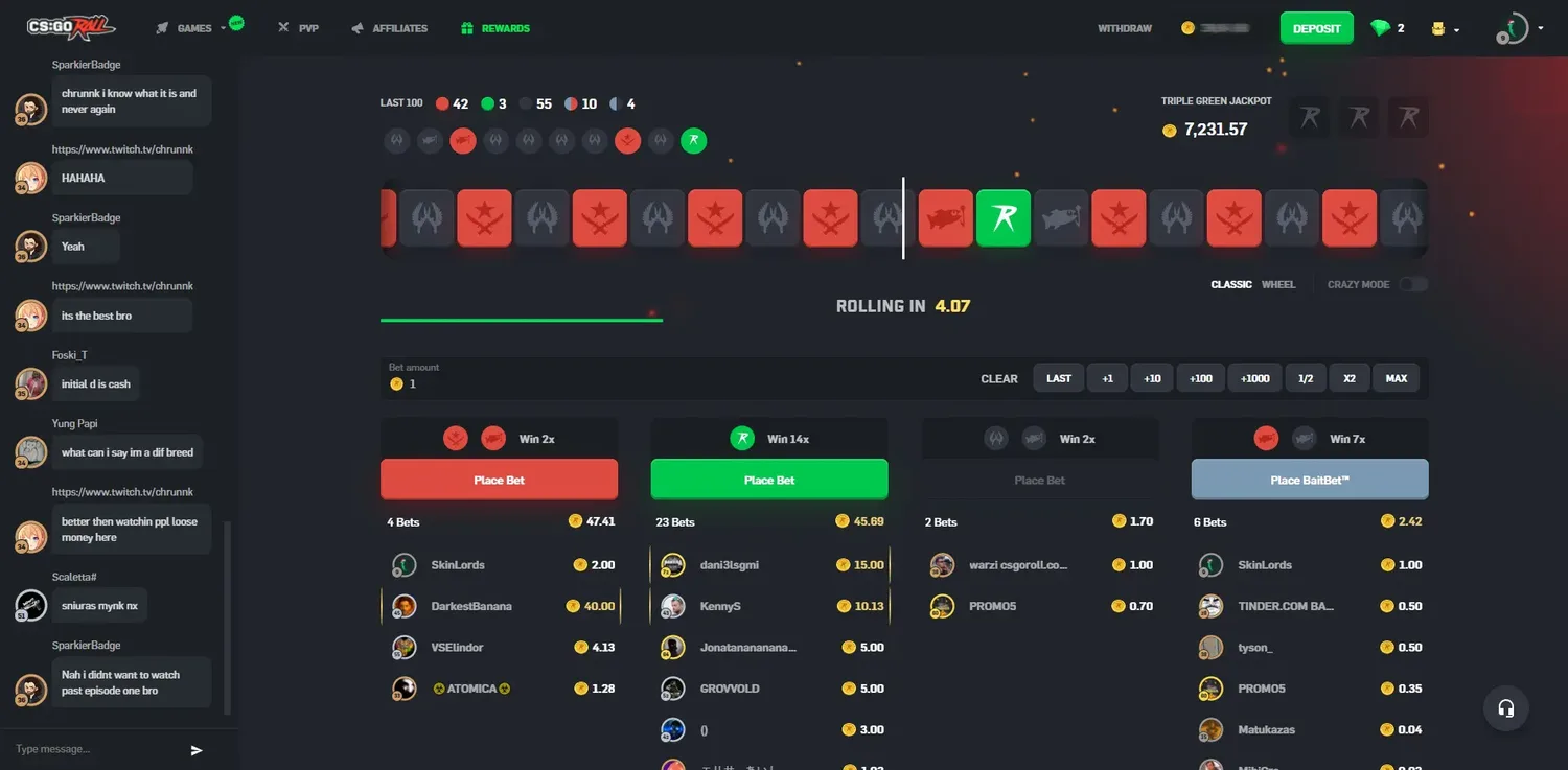 Screenshot of the CSGORoll website
