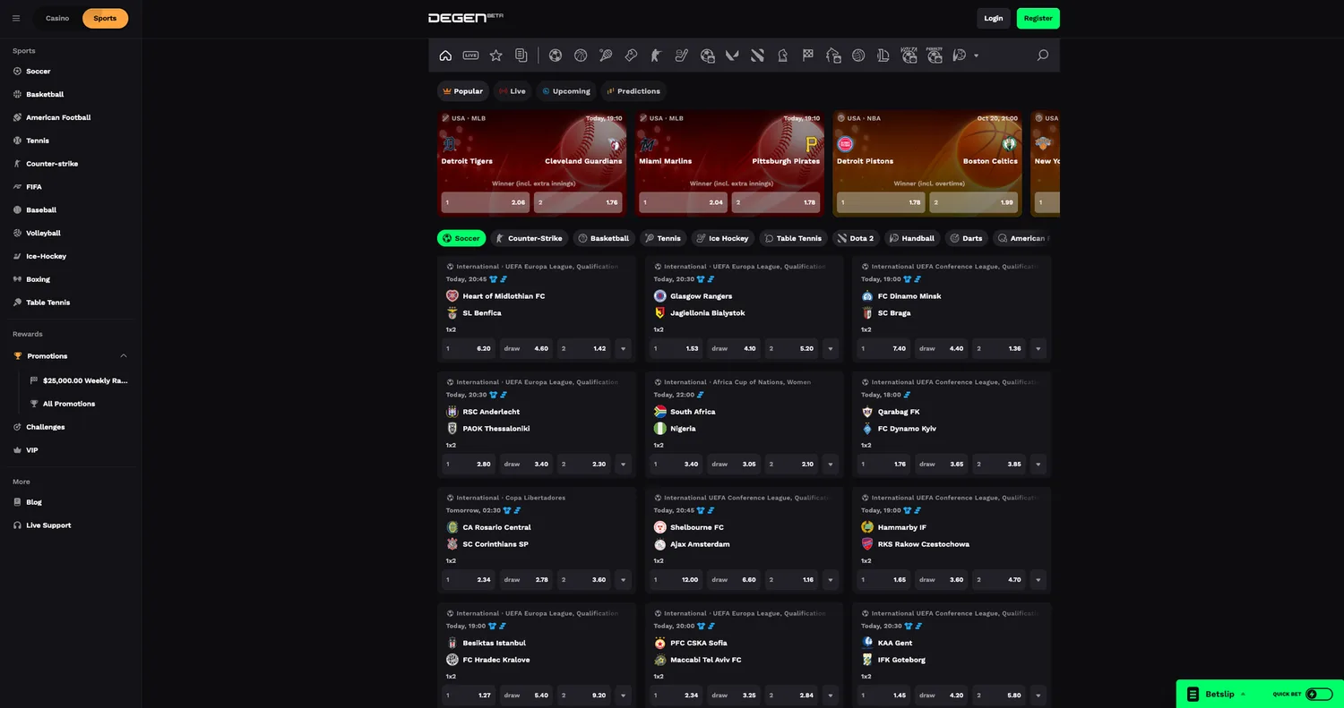 Screenshot of the Degen.com sportsbook