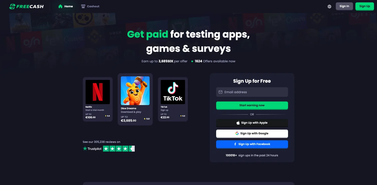 Screenshot of the Freecash website