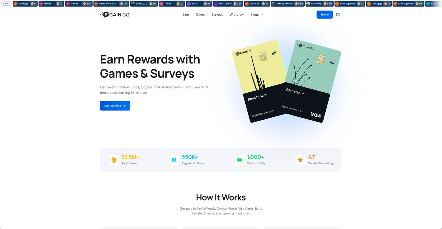 Screenshot of the Gain.gg website