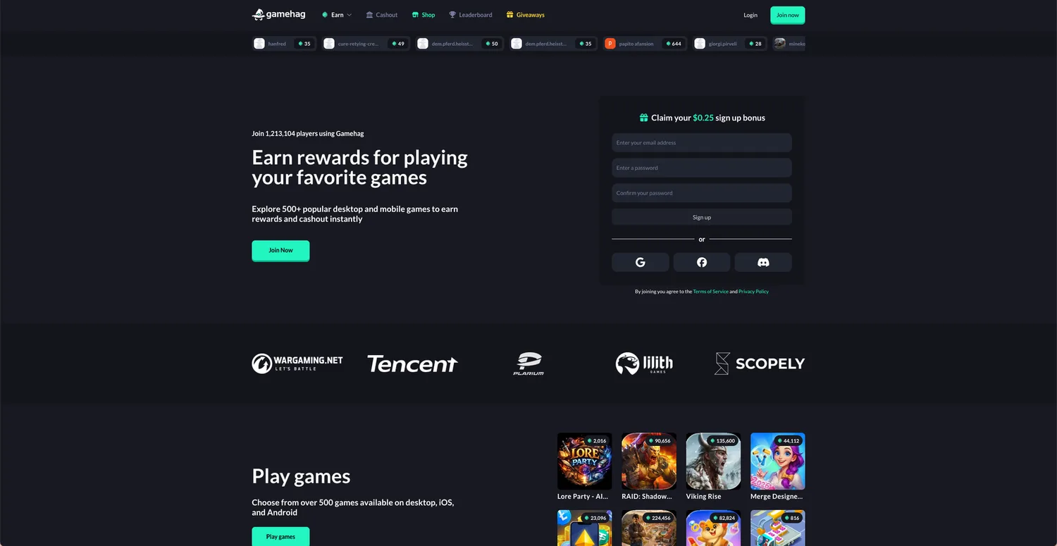 Screenshot of the Gamehag website