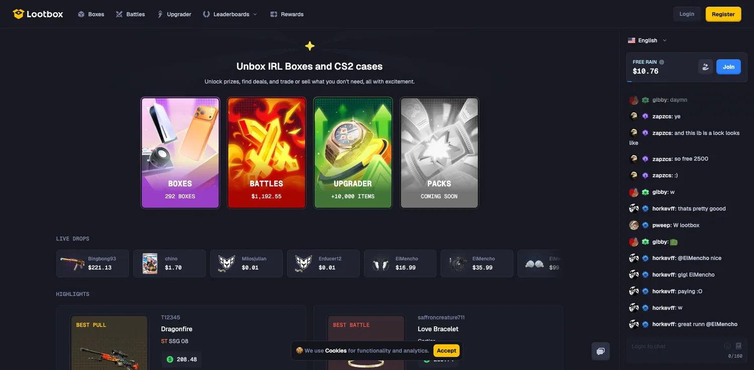 Screenshot of the Lootbox.com website