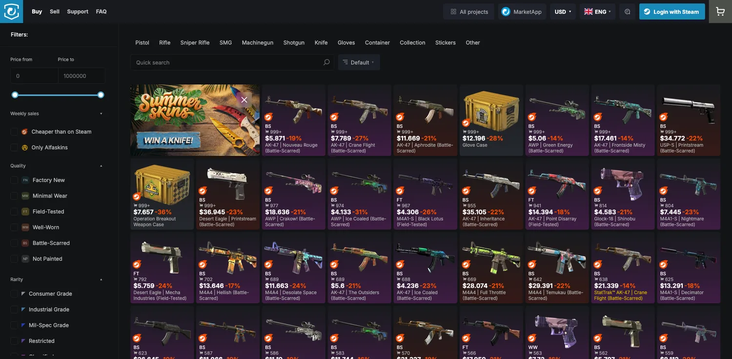 Screenshot of the Market.CSGO website