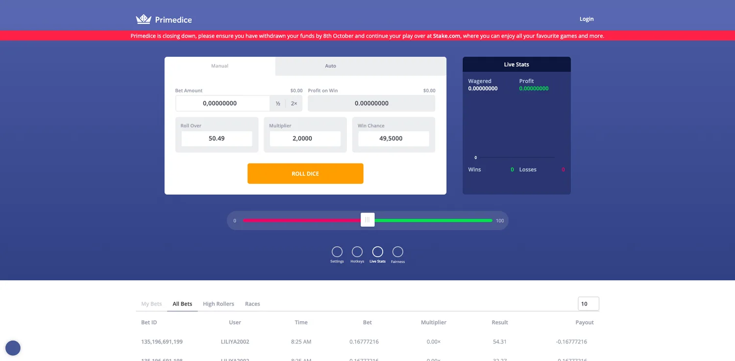 Screenshot of the Primedice website