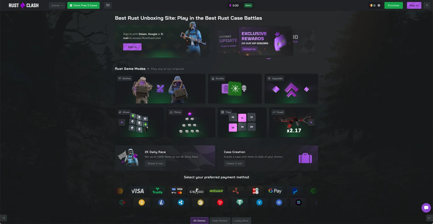 Screenshot of the RustClash website