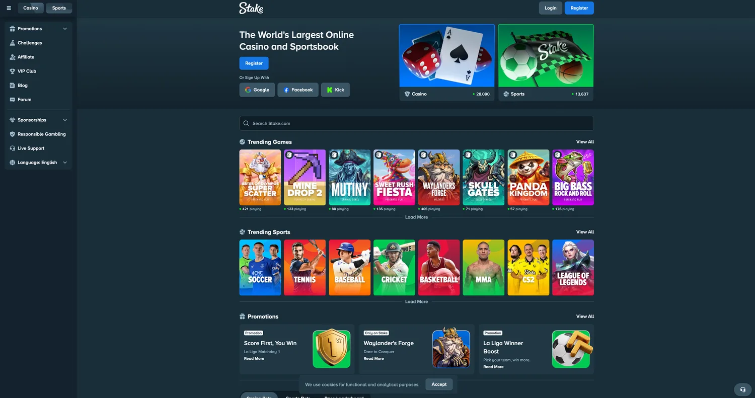 Screenshot of the Stake website