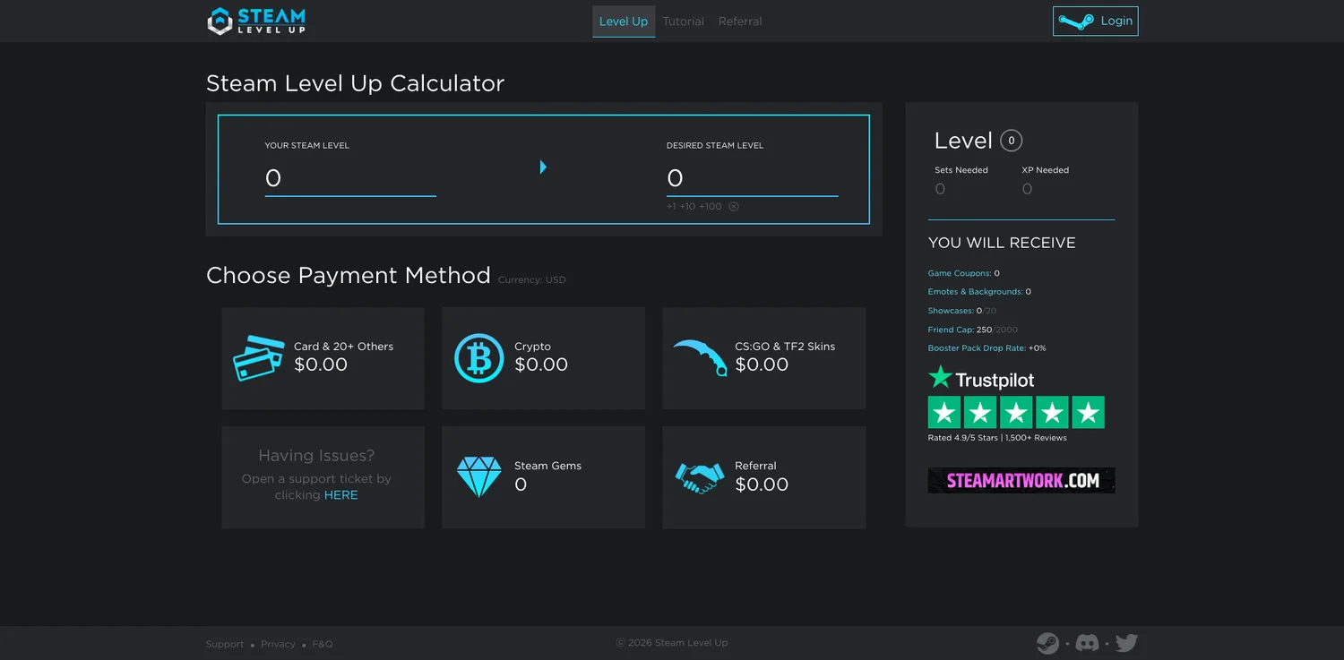 Screenshot of the SteamLevelUp website